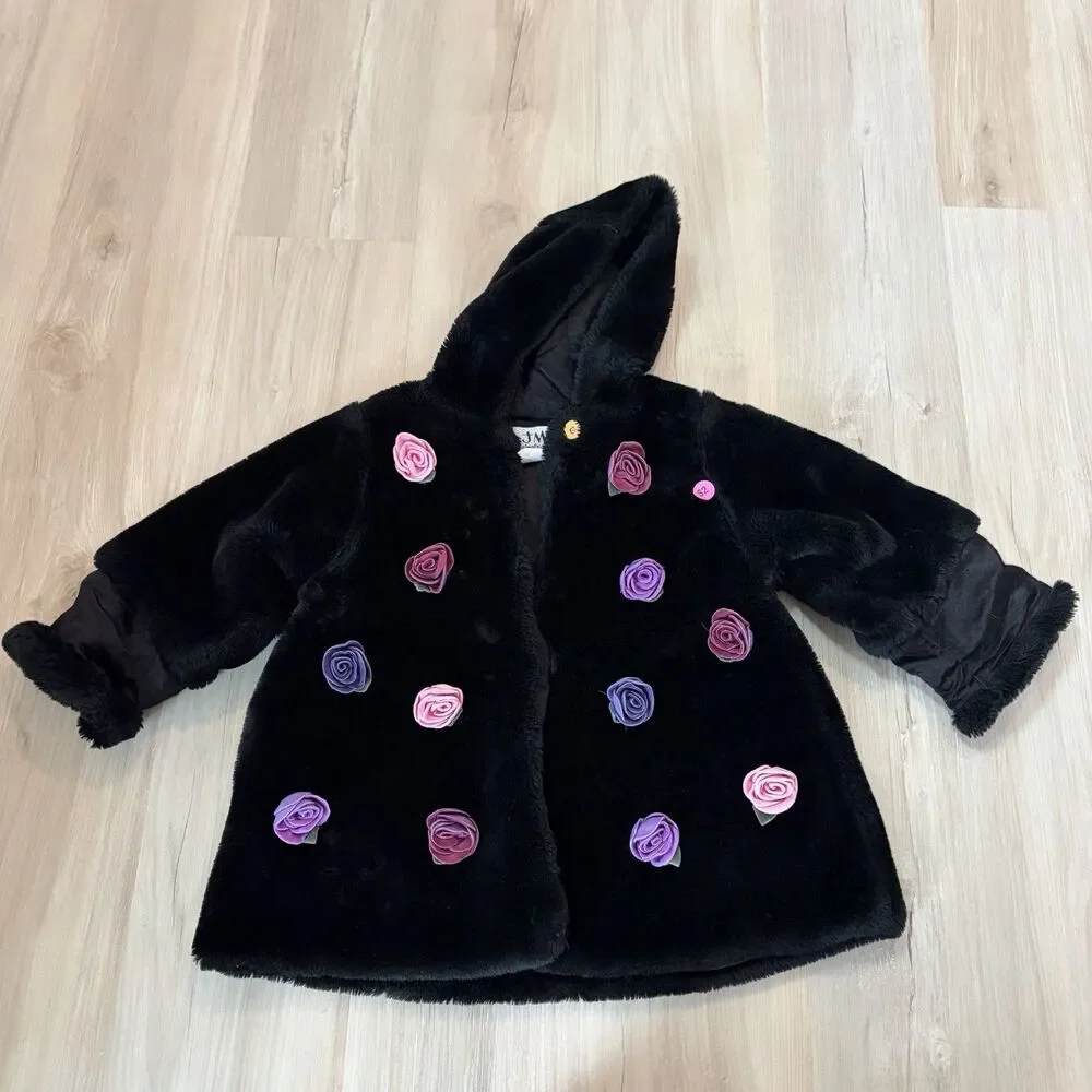 JM Originals Kids Black Floral Jacket with Magnetic Buttons Pockets Fuzzy Soft